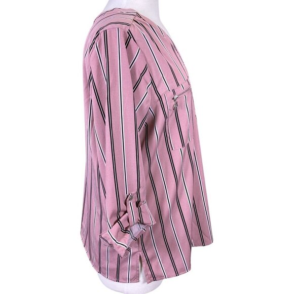 Adrienne Vittadini 3/4 Tab Sleeve V-Neck Pink Striped Pullover Zip Pockets LG - Picture 4 of 10